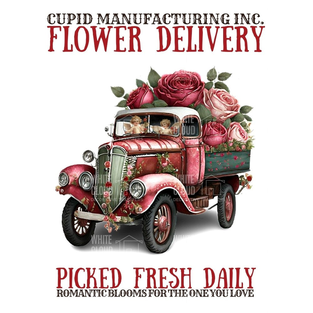 Vintage truck decorated with flowers and text about flower delivery from Cupid Manufacturing Inc.