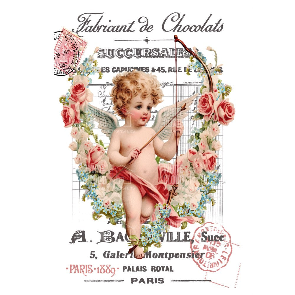 Vintage-style advertisement with cherub, flowers, and text on a white background
