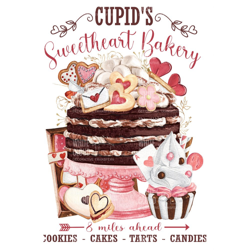 Cupid's Sweetheart Bakery logo with a cake and cookies on a white background