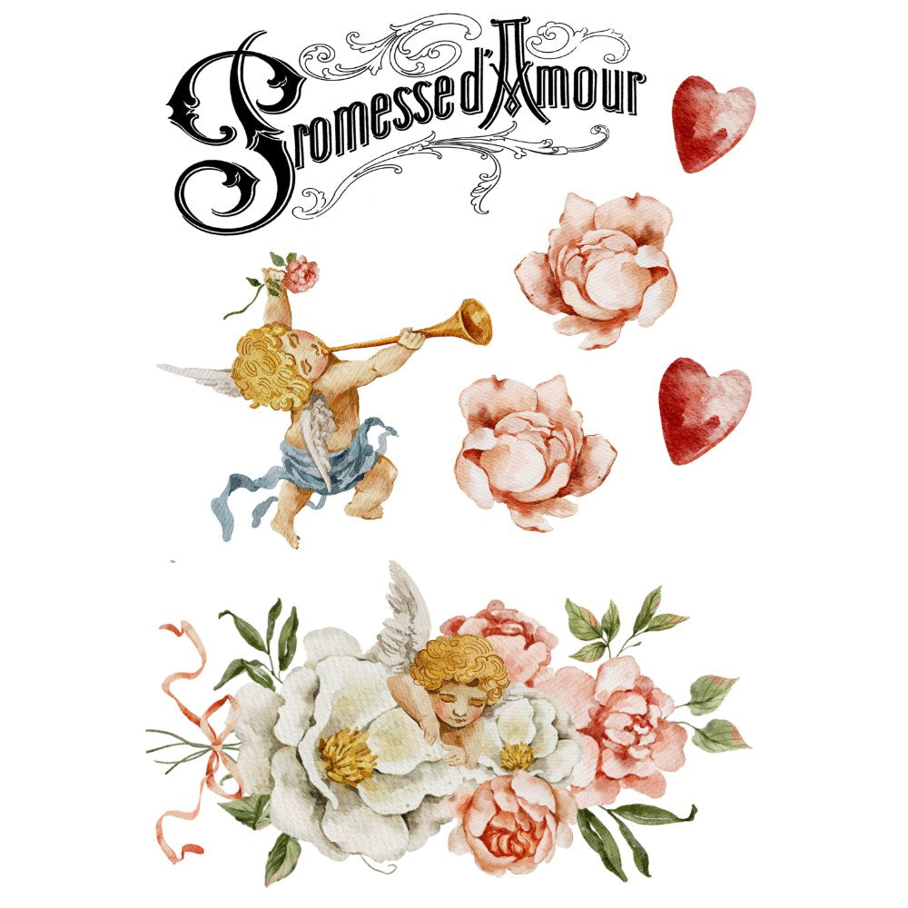 Decorative design with cherubs, flowers, and hearts featuring the brand 'Promesse d'Amour'.