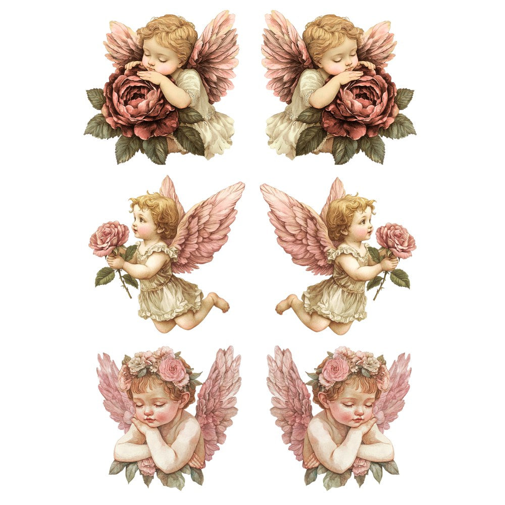 Set of six decorative illustrations of cherubs with flowers on a white background
