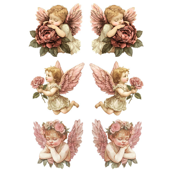 Set of six decorative illustrations of cherubs with flowers on a white background
