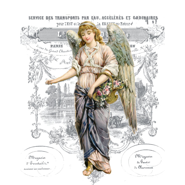 Decorative image of an angel with floral wings on a vintage-style Victorian Angel White Cloud Transfer background