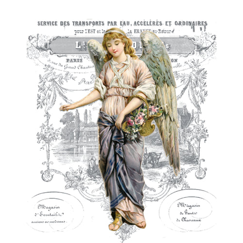 Decorative image of an angel with floral wings on a vintage-style Victorian Angel White Cloud Transfer background