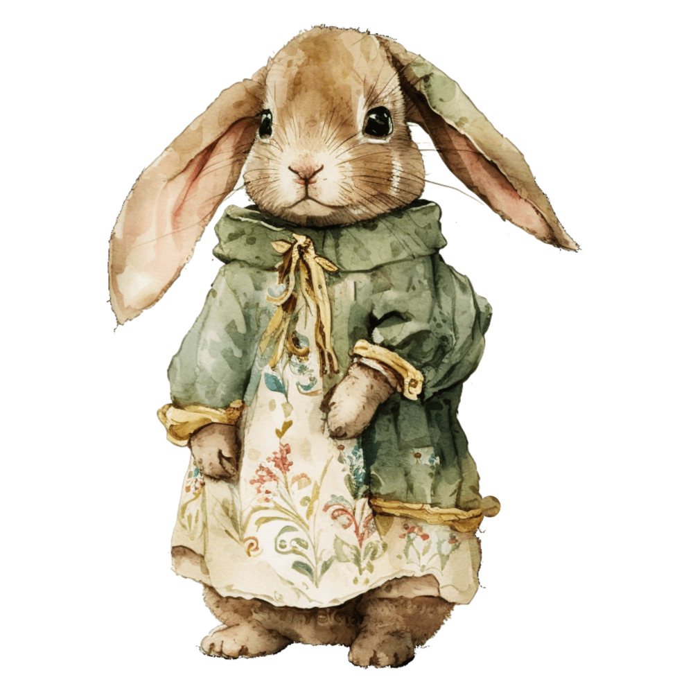 Illustration of a rabbit wearing a green coat and floral dress on a white background bunny