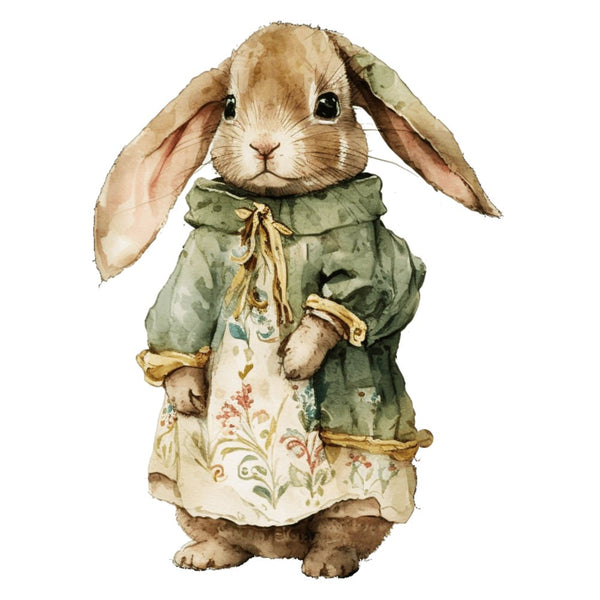 Illustration of a rabbit wearing a green coat and floral dress on a white background bunny