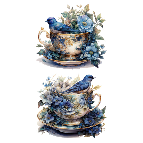 Decorative teacups with floral patterns and blue birds on a white Vintage tea cups blue White Cloud Transfer background