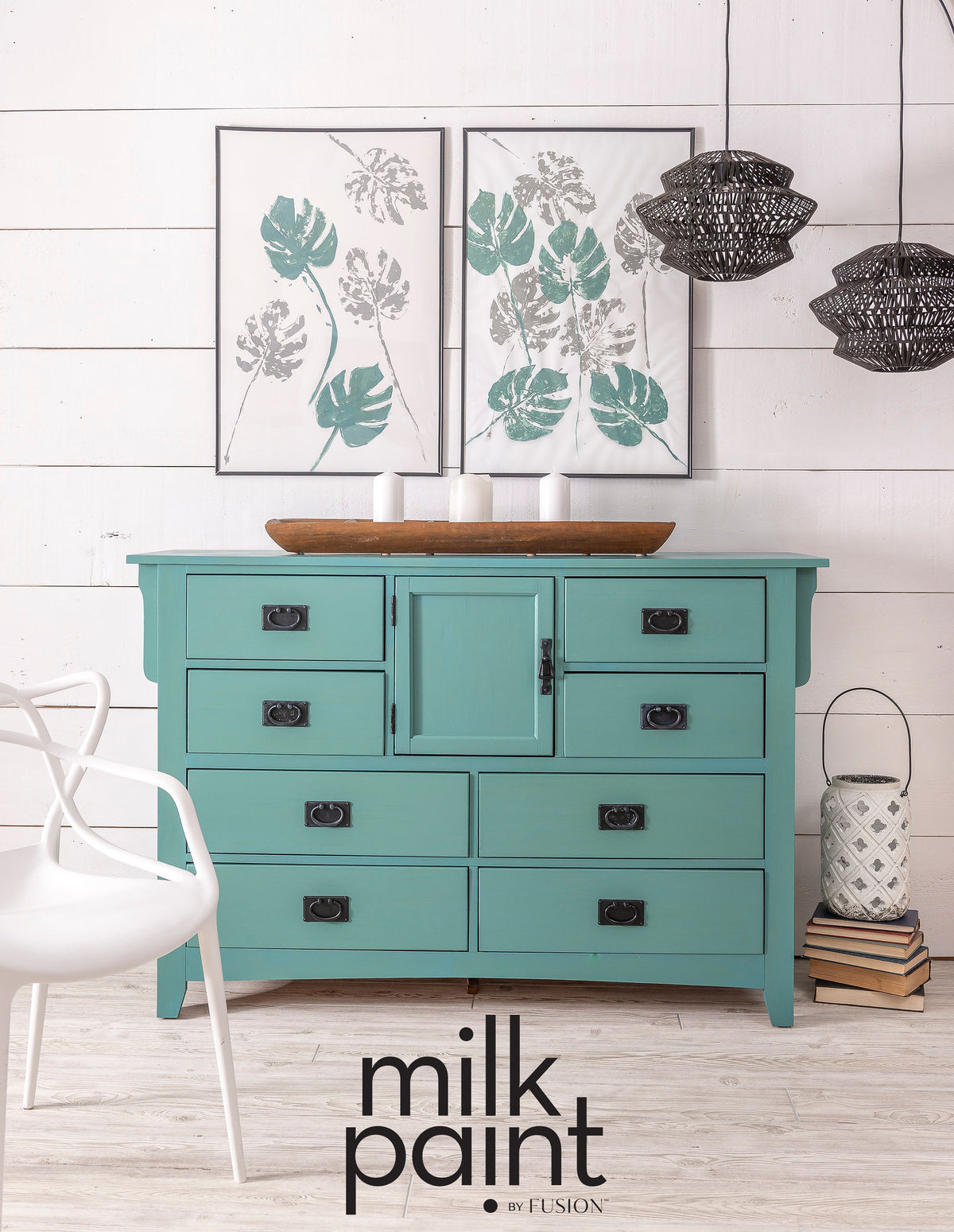 Teal dresser with Fusion Milk Paint branding in a room setting. Velvet Palm Fusion Milk Paint