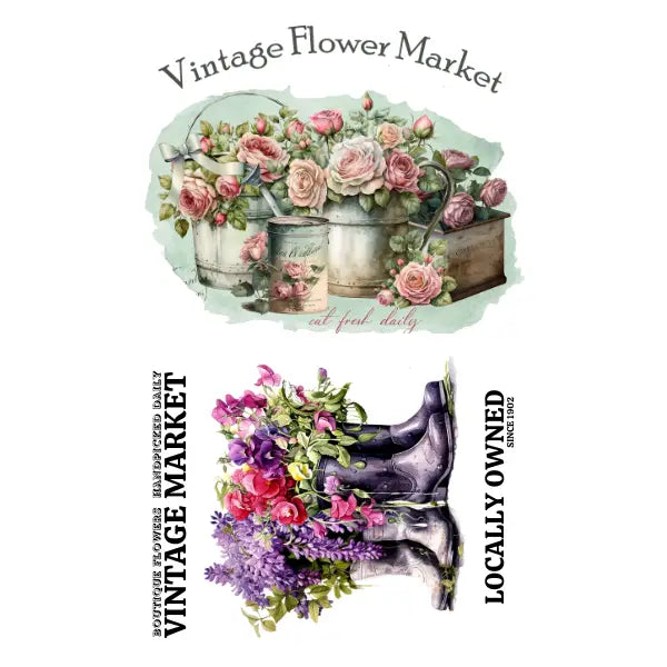 Vintage Flower Market logo with floral arrangements and text on a white background Vintage Flower Market 2 White Cloud Transfer