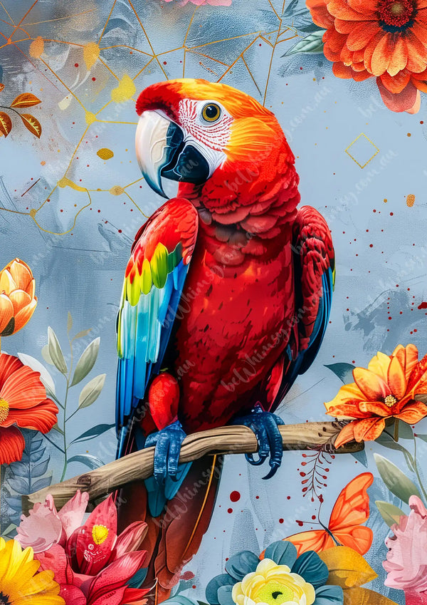 Colorful parrot on a branch with floral background. Vogue Mulberry Decoupage Paper