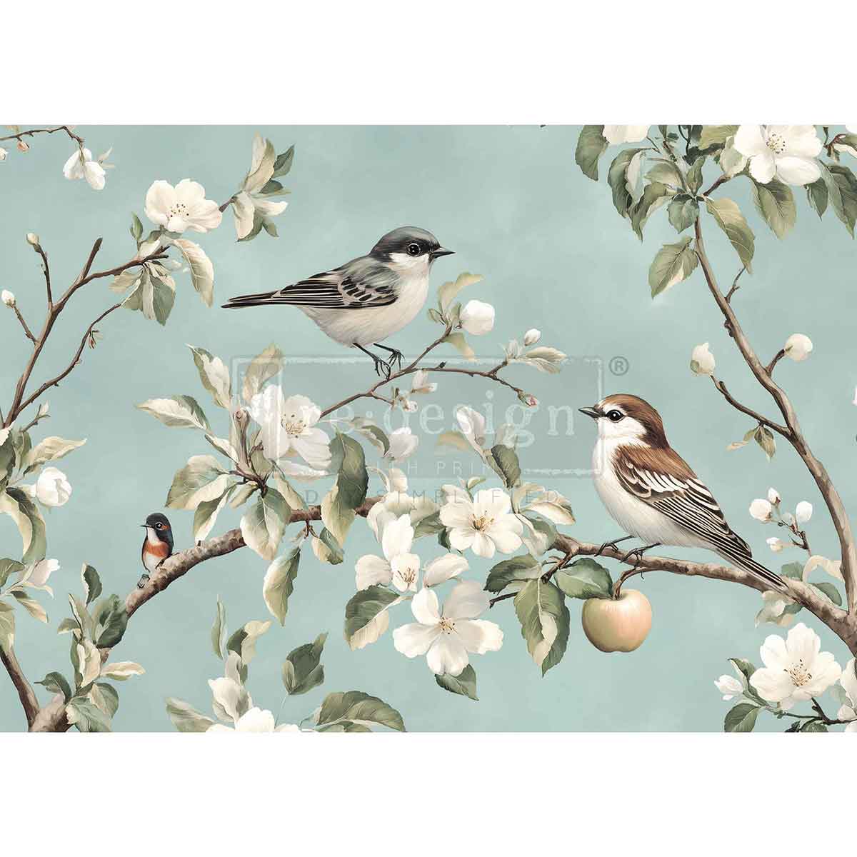 Illustration of birds on branches with flowers and apples against a light blue background. Whispering Wings A3 Fiber Decoupage Paper
