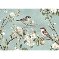 Illustration of birds on branches with flowers and apples against a light blue background. Whispering Wings A3 Fiber Decoupage Paper