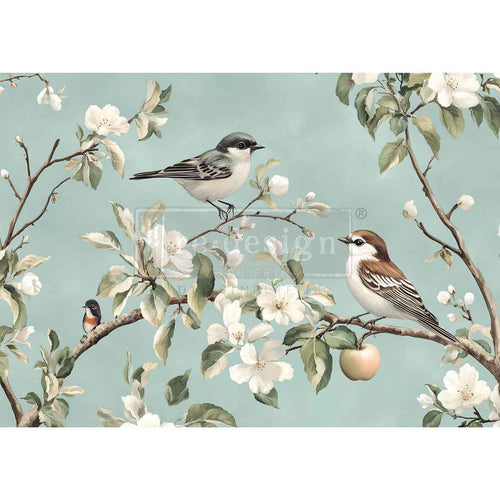 Illustration of birds on branches with flowers and apples against a light blue background. Whispering Wings A3 Fiber Decoupage Paper