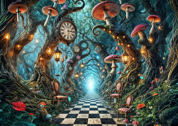 Fantasy forest scene with checkered path, chairs, and glowing mushrooms. Wonderland Mulberry Decoupage Paper ALICE