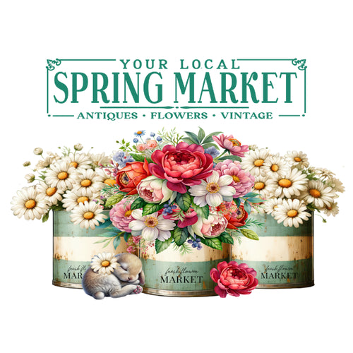 Advertisement for a spring market featuring flowers and antiques.