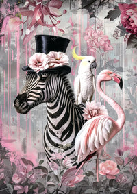 Zebra wearing a floral hat with a flamingo and parrot on a floral background. Zebra Salad Mulberry Decoupage Paper