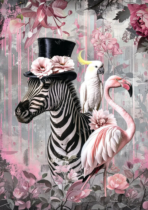 Zebra wearing a floral hat with a flamingo and parrot on a floral background. Zebra Salad Mulberry Decoupage Paper