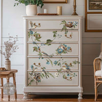 Redesign transfer Large Aviary Elegance Decorative dresser with floral and bird patterns in a room setting.