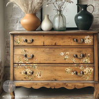 Redesign with Prima transfer middy Belle Epoque Blooms Wooden dresser with floral decal on drawers against a brick wall.