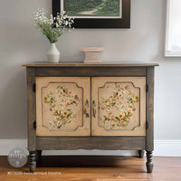 Redesign with Prima transfer middy Belle Epoque Blooms Vintage-style sideboard with floral designs on doors, placed against a neutral wall.