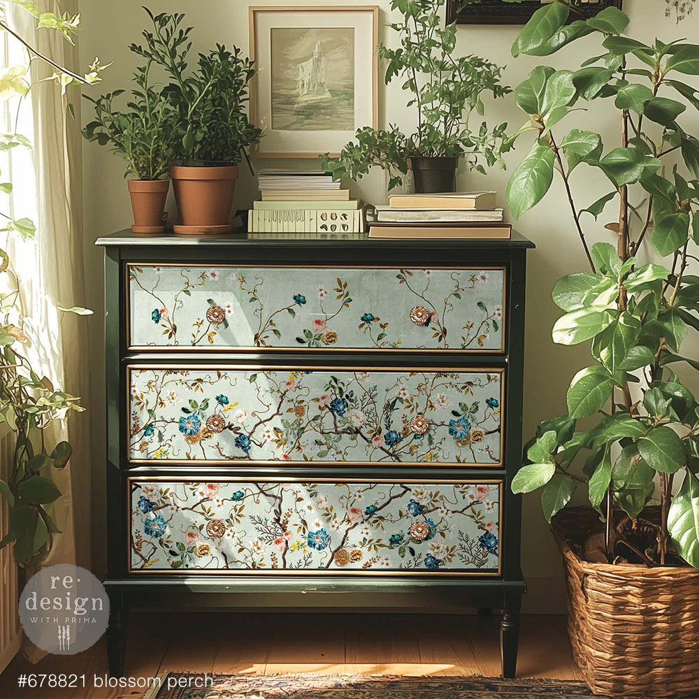 Blossom Perch A1 Fiber Paper 1 sheet Decorative chest of drawers with floral design in a room with plants