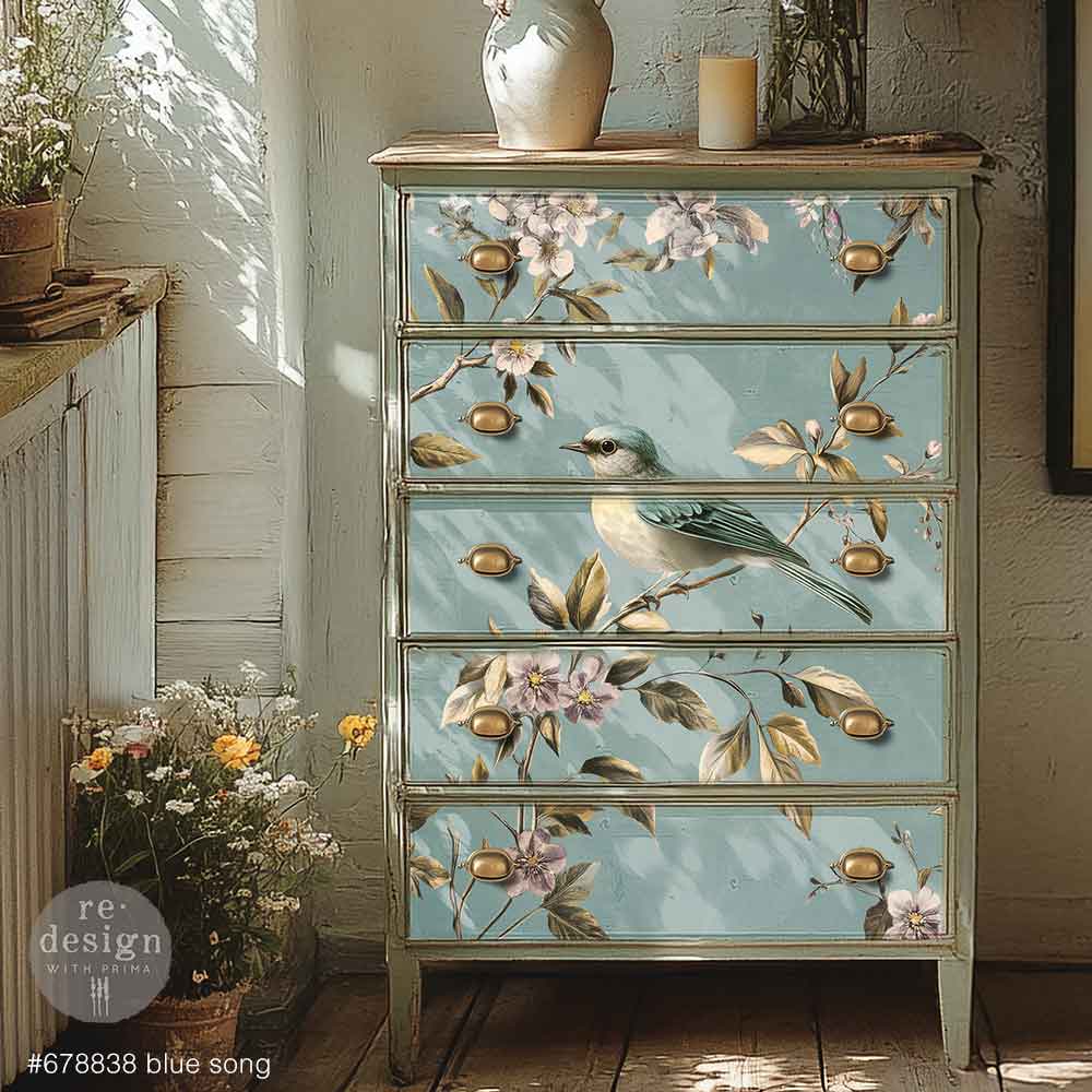 Blue Song A1 Fiber Paper 1 sheet Decorative chest of drawers with floral and bird patterns in a room with sunlight streaming in.