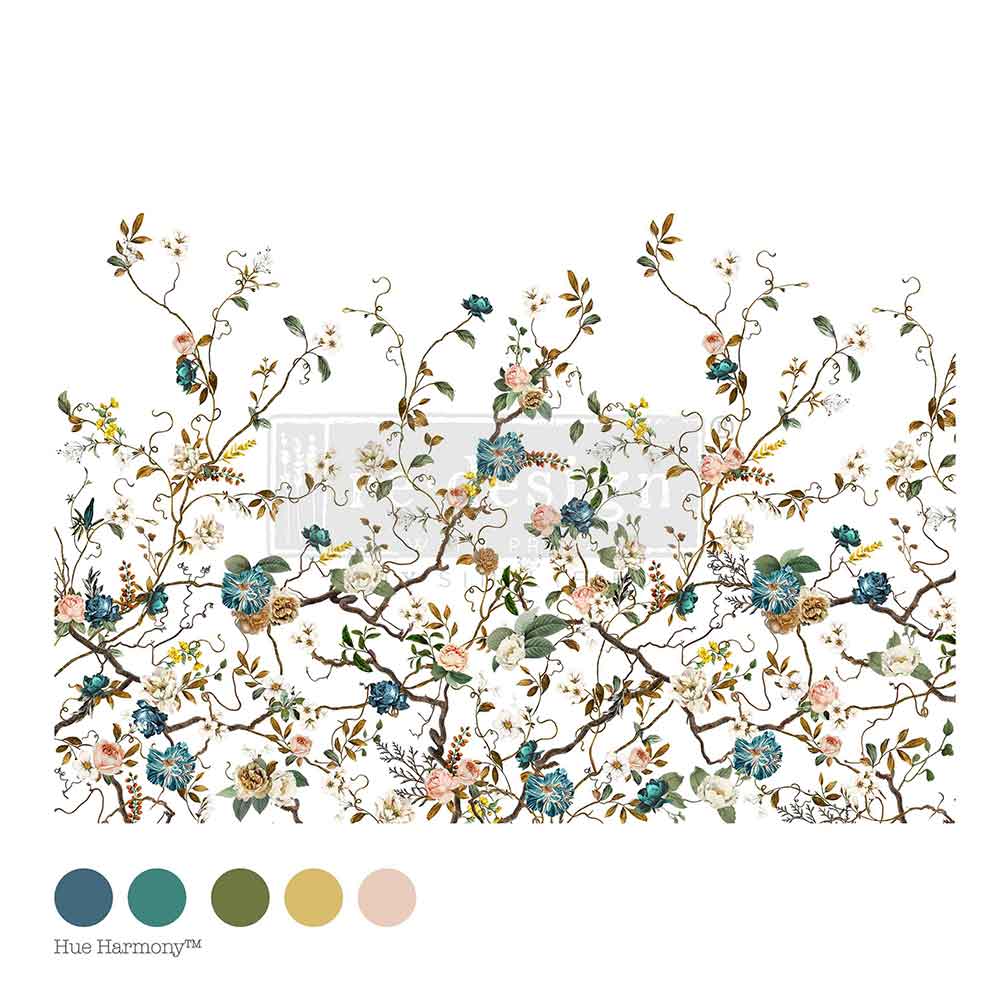 Redesign transfer Large Blue Vine Decorative floral design with color swatches on a white background