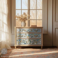 Redesign transfer Large Blue Vine Decorative chest of drawers with floral patterns in a room with large windows.