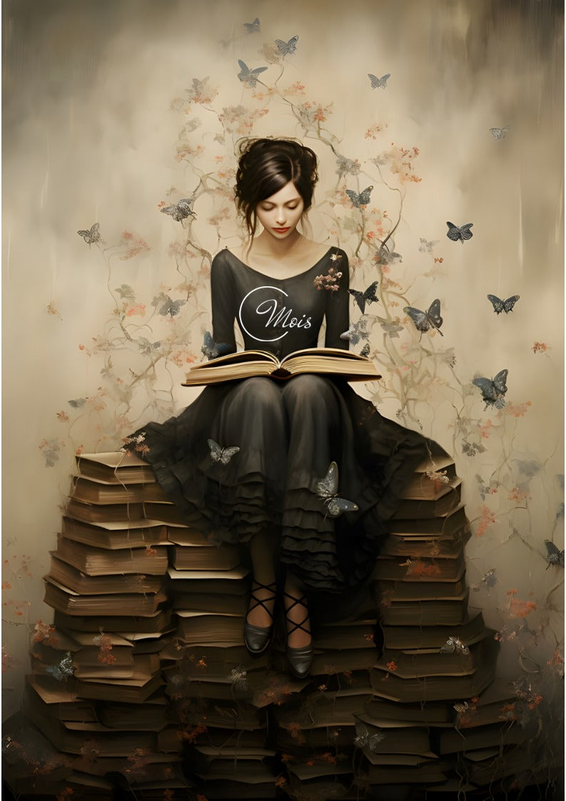 Books Woman sitting on Books Paper for Decoupage A3