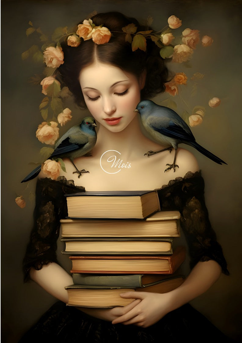 Books Woman w birds and book stack Paper for Decoupage A3