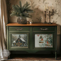 Christmas Blessings A3 Fiber Decoupage Paper 3 sheets Decorative sideboard with Christmas-themed decors and a plant on a patterned wall background.