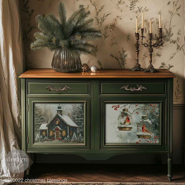 Christmas Blessings A3 Fiber Decoupage Paper 3 sheets Decorative sideboard with Christmas-themed decors and a plant on a patterned wall background.