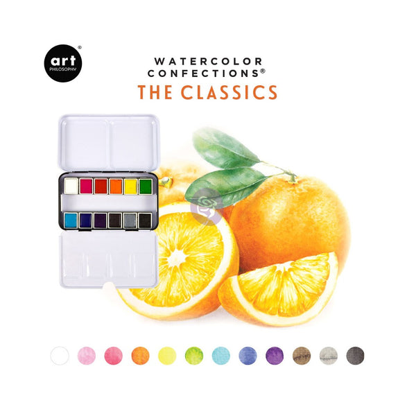 Watercolor set with oranges and color swatches on a white background