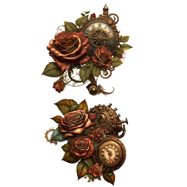 Decorative design with roses and vintage clocks on a white background