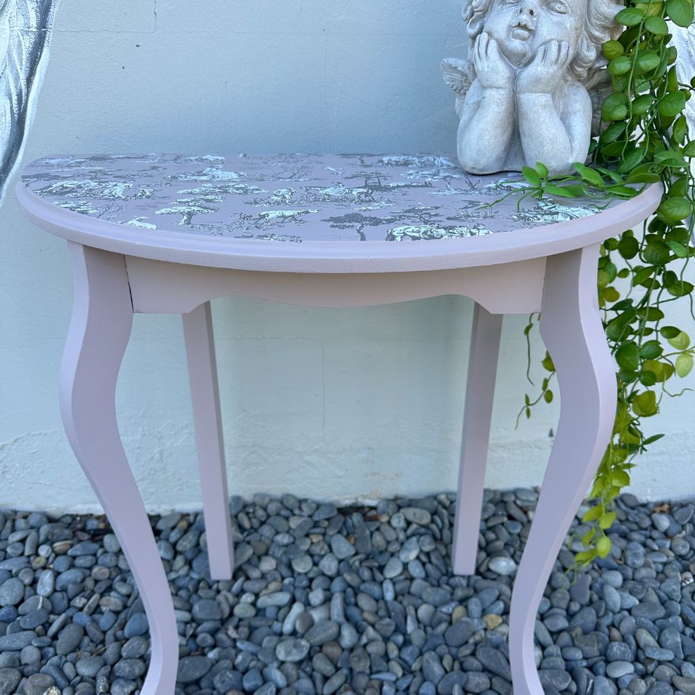 Simple Demi Lune table in Toile and Izabellars Room