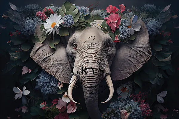 Decorative image of an elephant surrounded by flowers and foliage with 'GRYS' branding. Ellie Elephant Paper for Decoupage A1