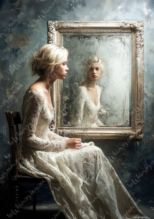 Woman in a white dress sitting in front of an ornate mirror with a ghostly reflection. Ethereal 10:01 Mulberry Decoupage Paper