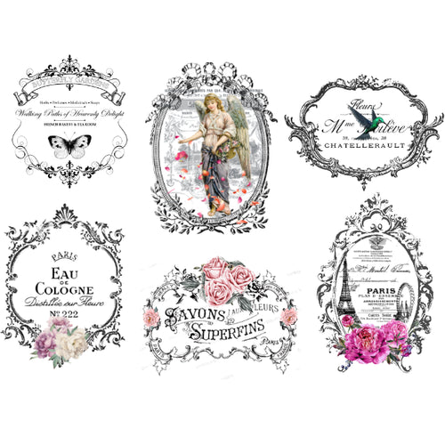 Set of decorative vintage-style frames with floral and romantic elements on a white background. Floral Label 1 White Cloud Transfer