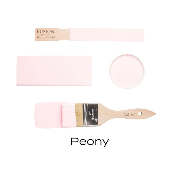 Fusion paint swatch with a brush labeled 'Peony' on a white Peony Fusion Mineral Paint background