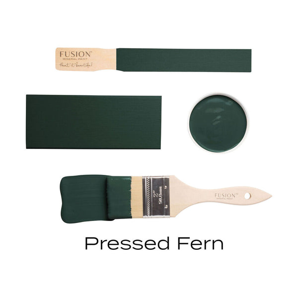 Fusion paint swatch with brush and color name 'Pressed Fern' on a white background