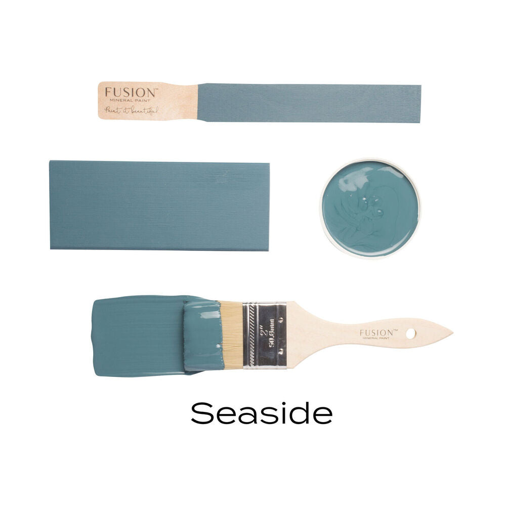Fusion paint swatch and brush with 'Seaside' color on a white background