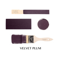 Fusion paint swatches and brush with 'Velvet Plum' color Velvet Plum Fusion Mineral Paint