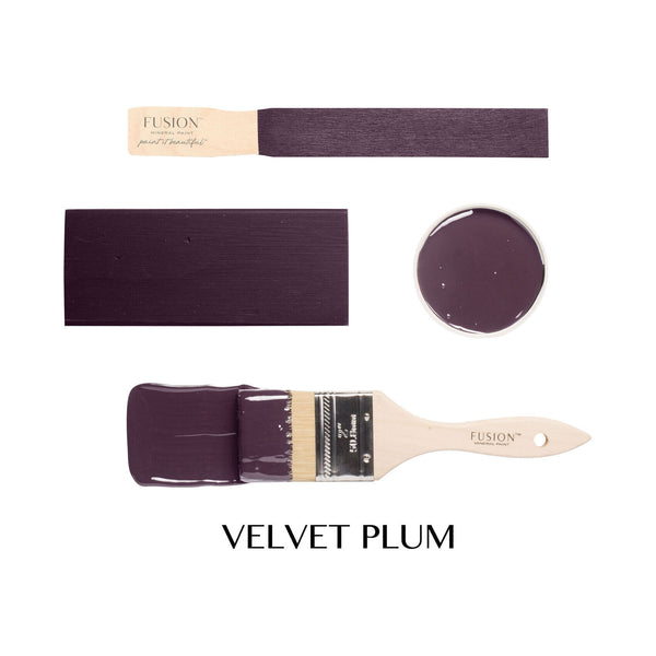 Fusion paint swatches and brush with 'Velvet Plum' color Velvet Plum Fusion Mineral Paint