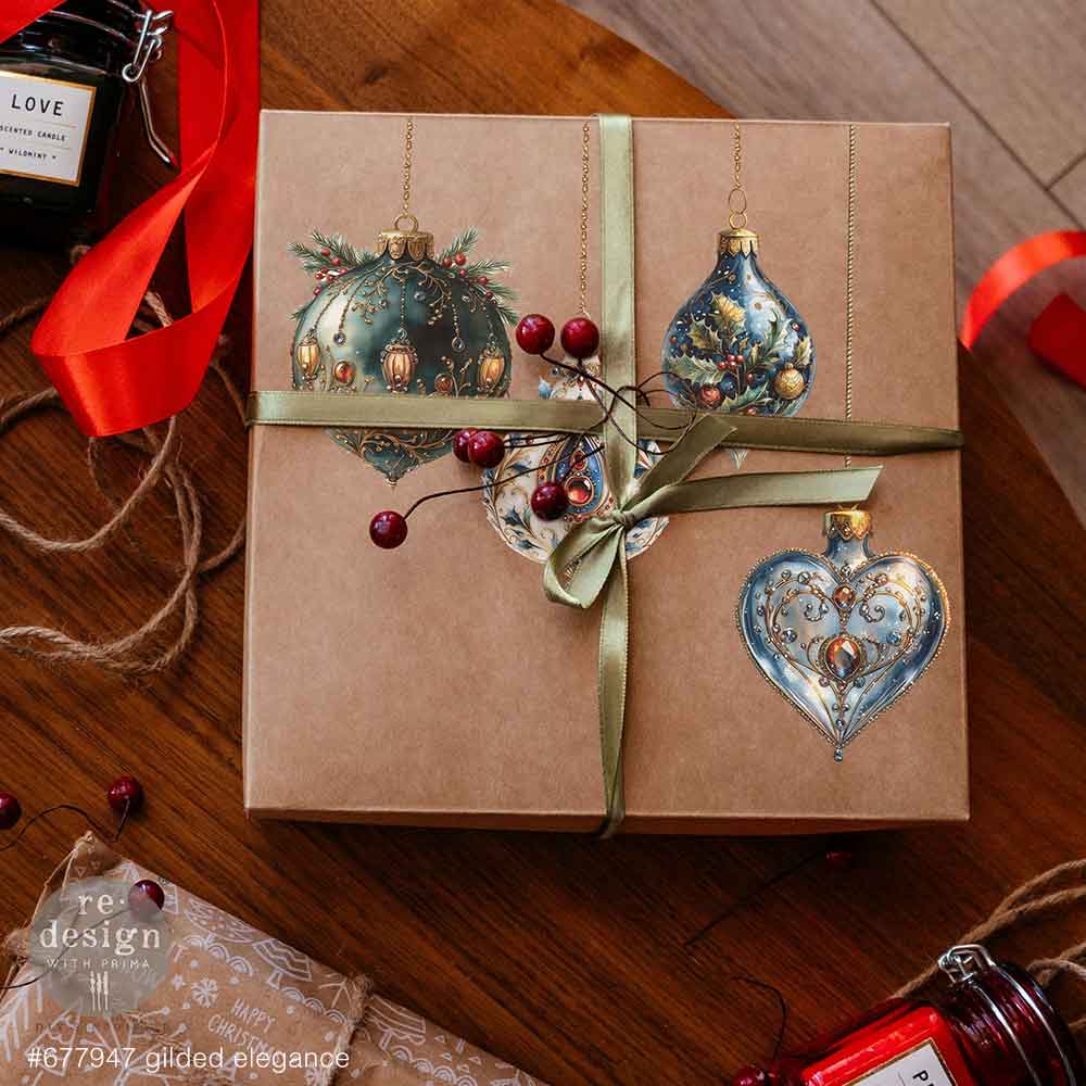Redesign with Prima transfer middy Gilded Elegance 4 sheet Gift box with decorative ornaments on a wooden surface