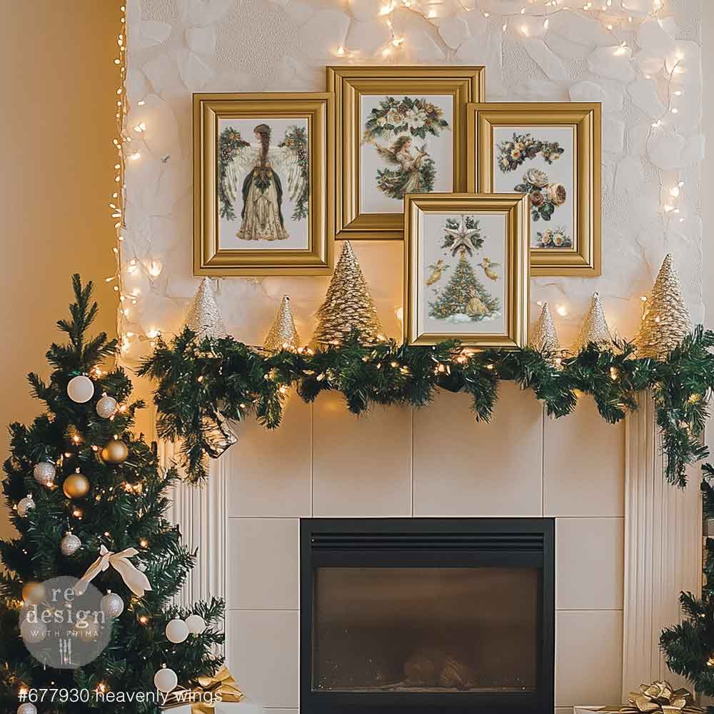 Redesign with Prima transfer middy Heavenly Wings 4 sheet Decorative fireplace mantel with framed artwork, garland, and Christmas tree.