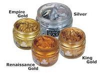 Four jars of gilding wax in different colors labeled 'Empire Gold', 'Silver', 'Renaissance Gold', and 'King Gold' on a white background.