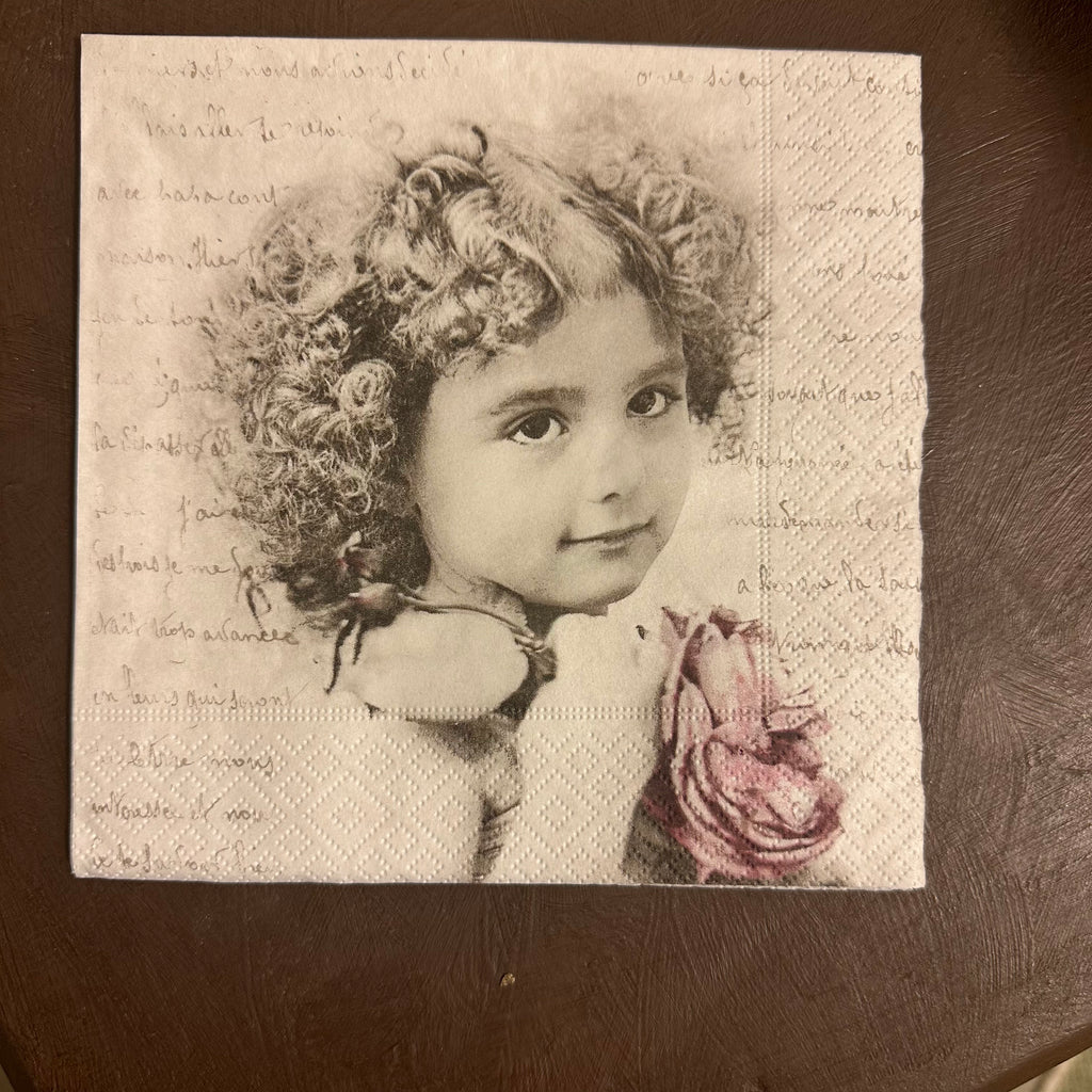 Curly Girl with Rose & Writing Napkin for Decoupage