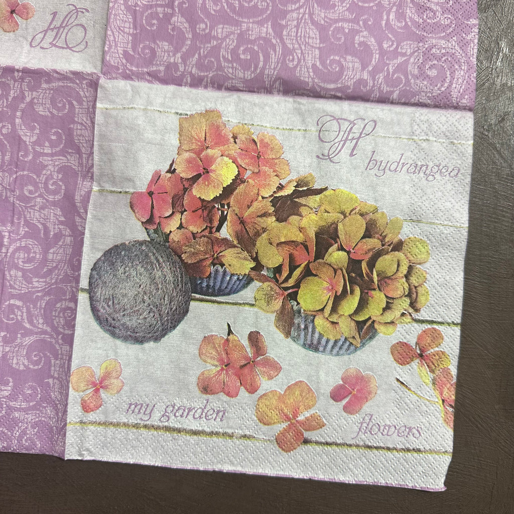 Hydrangea Bunches on purple Napkin for Decoupage