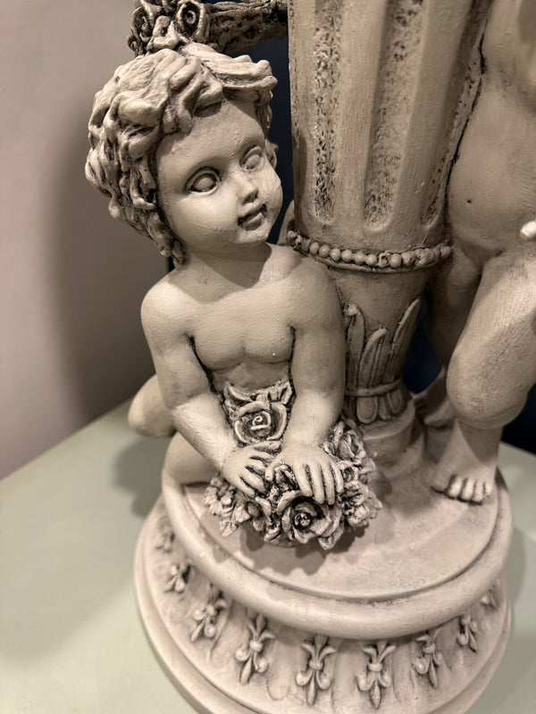 We love finding the unusual and this angelic cherub statue is  signature Paint Me Vintage piece. We attached a flat wood plate to the top to make it usable as a decor riser or plinth in a room. All the wonderful details have been highlighted with carbon black wax over the chalk paint finish. Totally bespoke.  Dimensions 610mm height