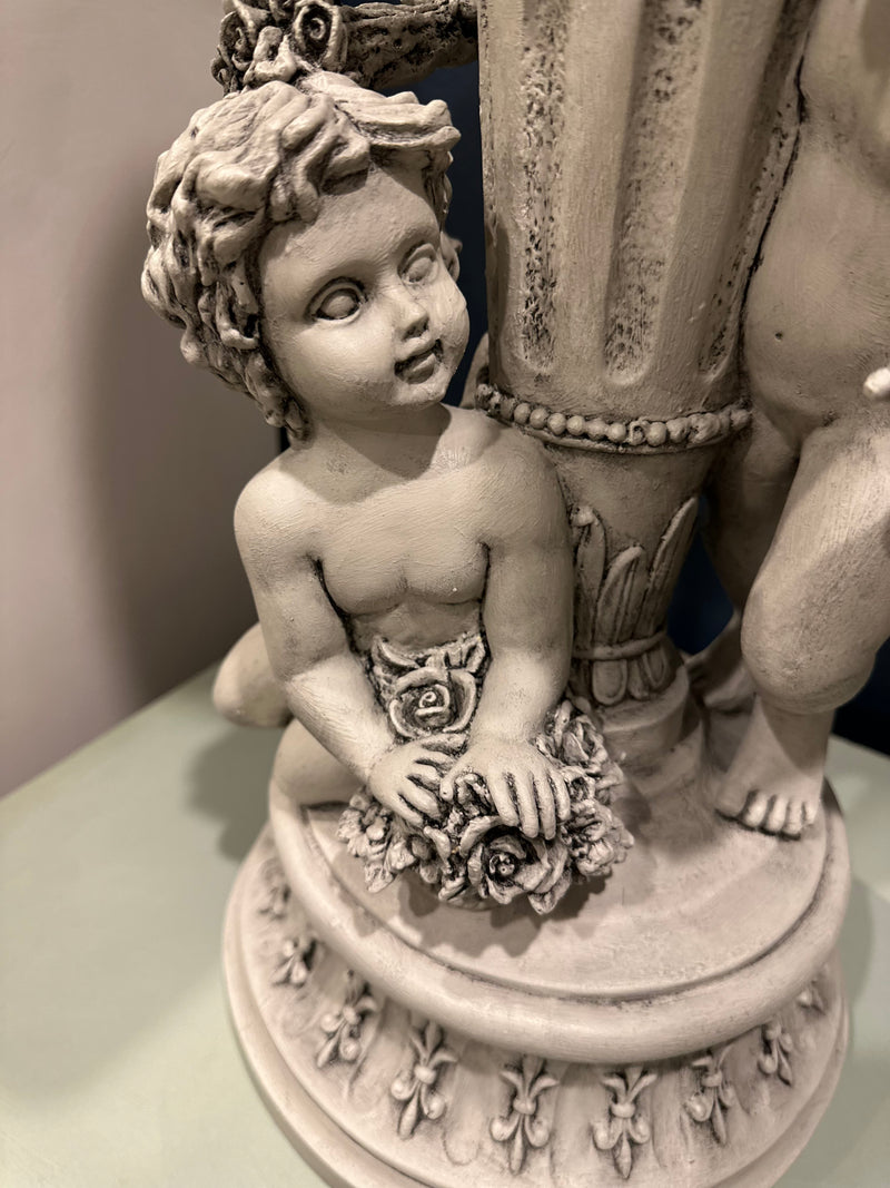 We love finding the unusual and this angelic cherub statue is  signature Paint Me Vintage piece. We attached a flat wood plate to the top to make it usable as a decor riser or plinth in a room. All the wonderful details have been highlighted with carbon black wax over the chalk paint finish. Totally bespoke.  Dimensions 610mm height